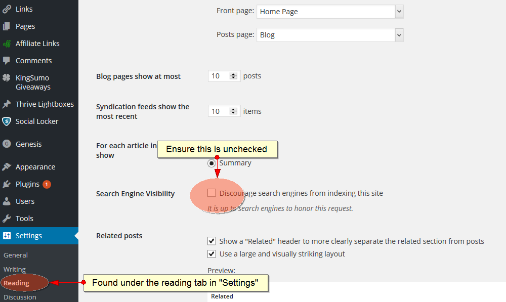 wordpress option for search engine visibility